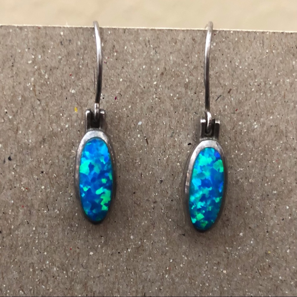 Vintage Sterling Silver And Inlaid Opal Drop Earrings